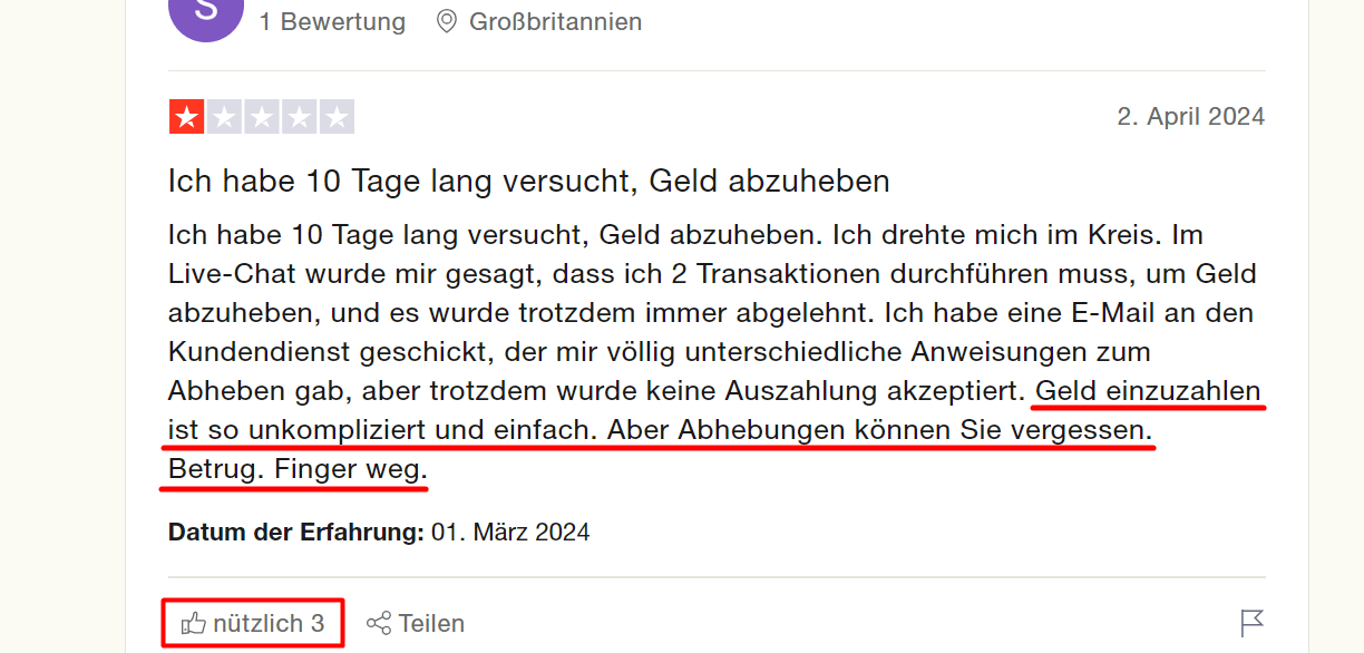 Beispiel einer negativen Bewertung über Probleme mit FXCess Abhebungen