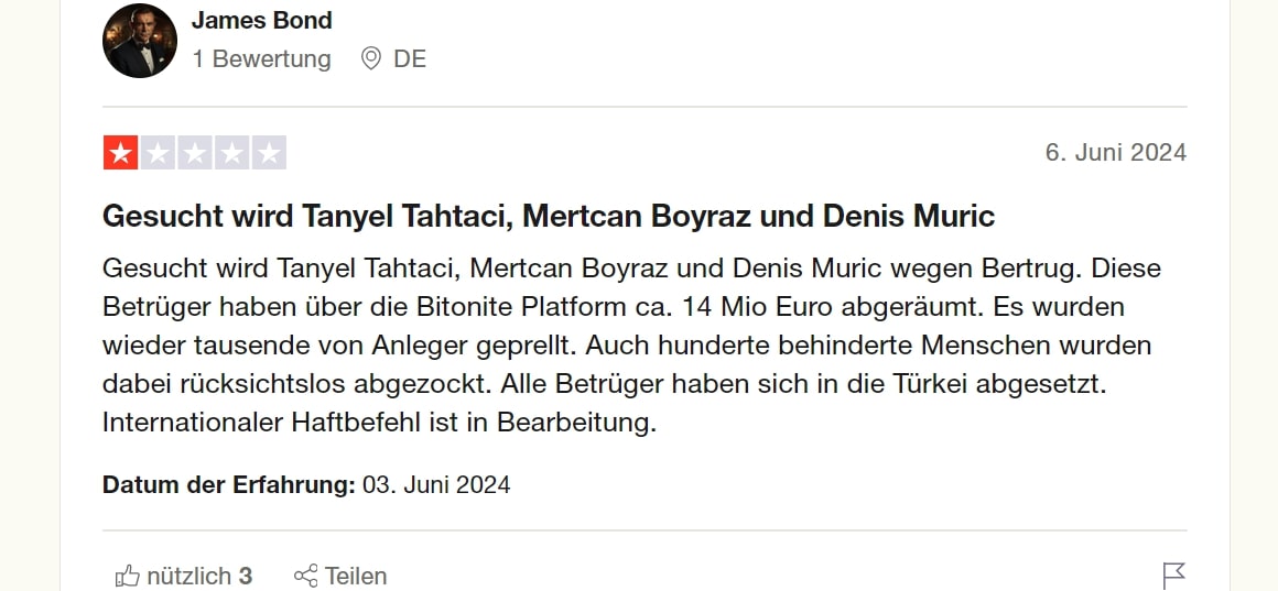 Screenshot des Kommentars zur Flucht und den strafrechtlichen Ermittlungen gegen die Betrüger hinter Bitonite auf Trustpilot