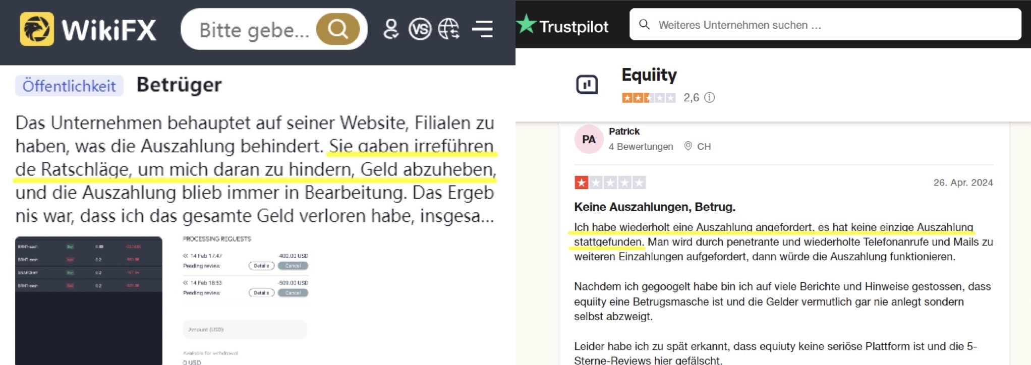 Screenshot von Bewertungen auf WikiFX und Trustpilot zu Auszahlungsproblemen bei Equiity