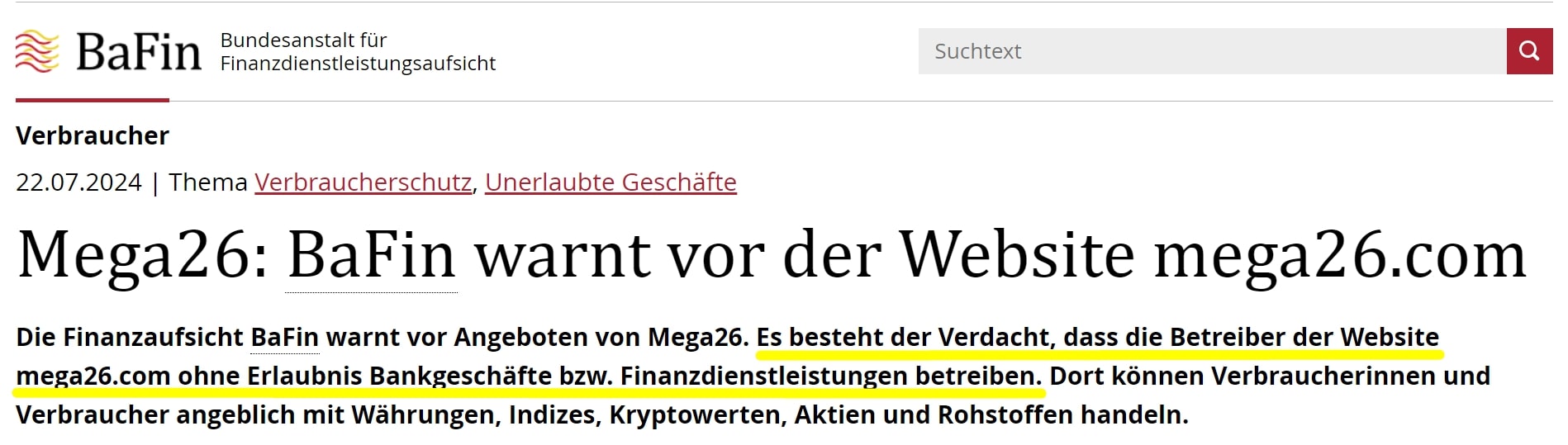 Screenshot der Mega26-Warnung von der offiziellen BaFin-Website